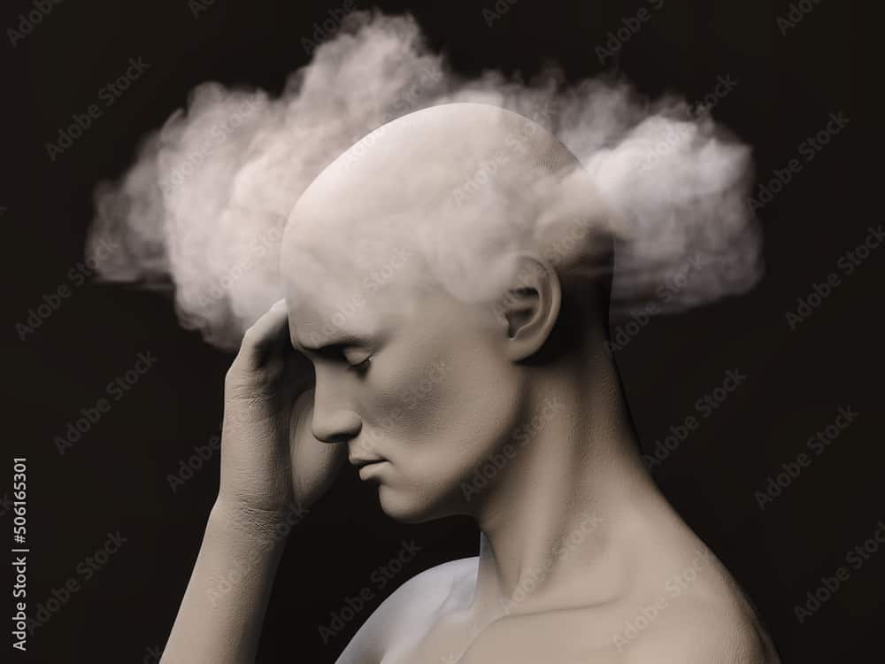 Brain fog. Profile of a stressed male figure with fog around his head. 3D illustration.